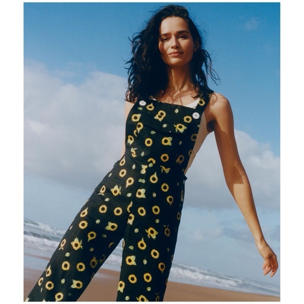 SLEEPER • Baccara Linen Jumpsuit overall black yellow sunflower print flare leg
